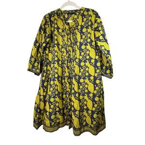 La Plage Indian Block Print Paisley Yellow Dress Pintuck Shift Tunic Coverup